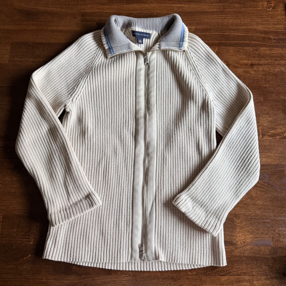 Banana Republic Mens Full Zip Ribbed Cardigan Sweater Cream Mock Neck Small